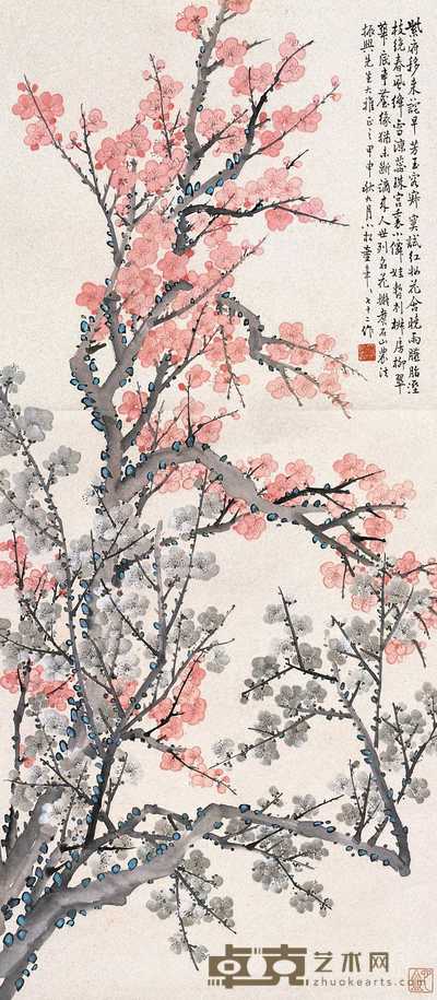童大年 1944年作 双色梅 立轴 110×48cm